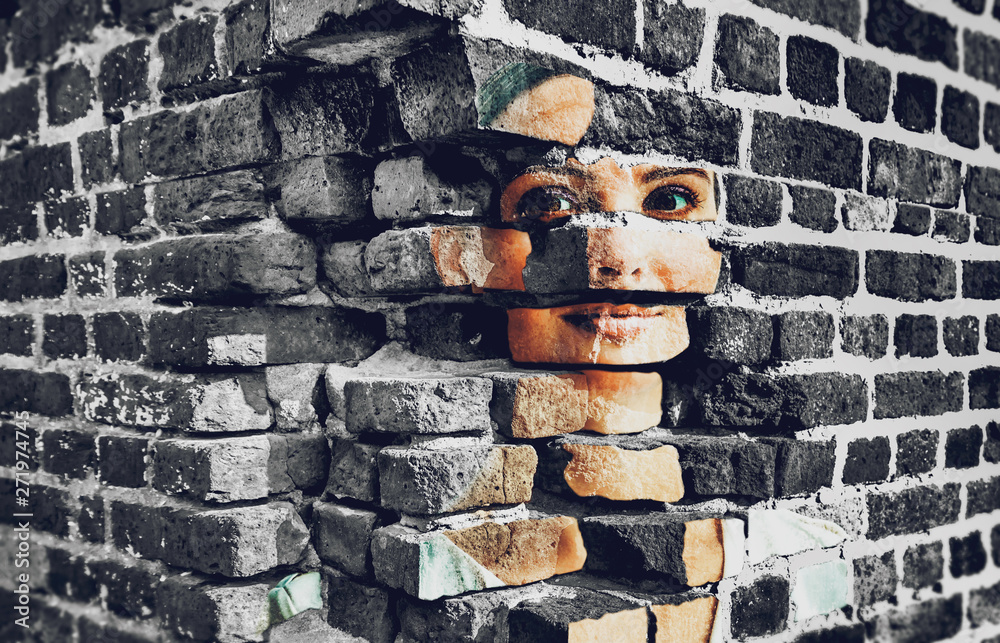 Face, portrait, mural, face, portmural of a beautiful young woman on a brick wall corner