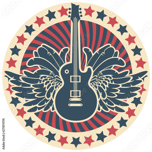 Vector round emblem with an electric guitar, wings and stars. Template for music flyers, stickers, banners, invitations, brochures, t-shirt design, logo, covers