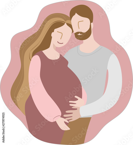 Happy pregnant couple hugging gently. Image in pink