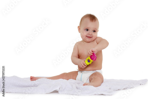 Little happy baby in diaper
