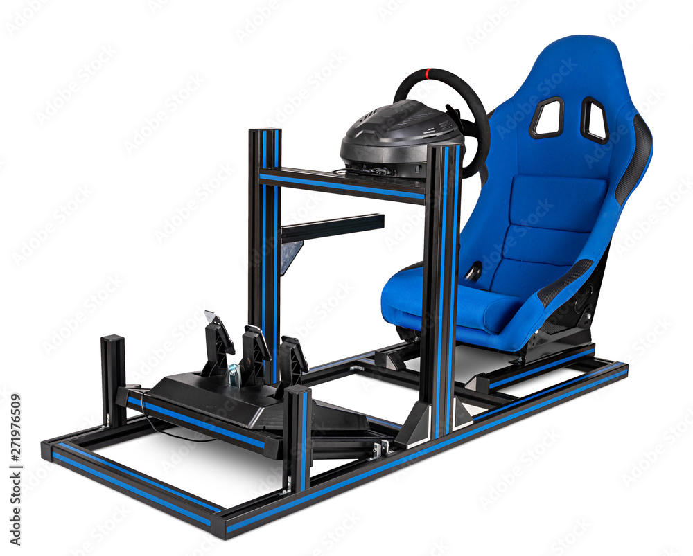 DIY simracing aluminum race simulator rig for video game racing. Blue  motorsport car bucket play seat steering wheel pedals isolated white  background Stock Photo | Adobe Stock