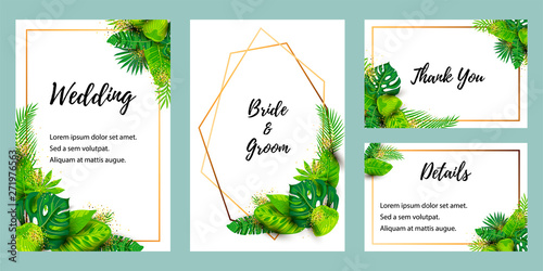 Wedding invitation set with exotic leaves. Vector illustration tropical template. Place for text. Great for flyer, party invitation, ecological concept, wedding, web. Save the date card.