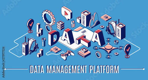 Data management platform, dmp isometric infographic banner, business analytics finance statistics, web search, media content analysis, database research icons on blue background 3d vector illustration