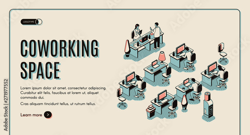 Coworking space isometric landing page. Office center with people sitting at workplace desks with computers. Teamwork, freelance 3d vector illustration, line art, web banner, retro colored background.