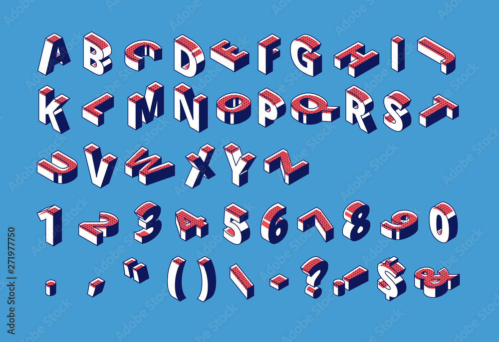 Isometric alphabet, numbers and punctuation with halftone dotted ...