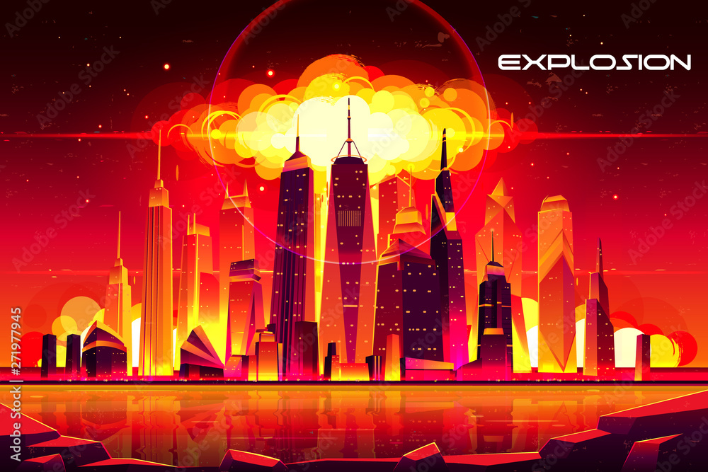 Nuclear explosion in city metropolis. Fiery mushroom cloud of atomic ...
