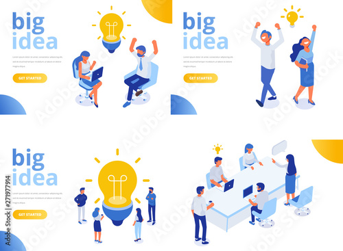 Isometric business people with big Light Bulb Idea. People working together on new Project. Creativity, Brainstorming, Innovation concept. Flat Vector illustration.	