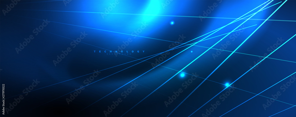Neon blue glowing lines, magic energy space light concept, abstract background wallpaper design