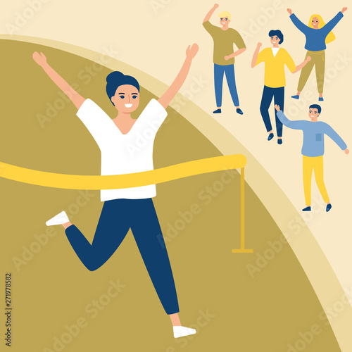 Finish Line Running Woman Athletic victory. Win Concept. Running fans. Sport Athletic Sporting Competition. Vector illustration