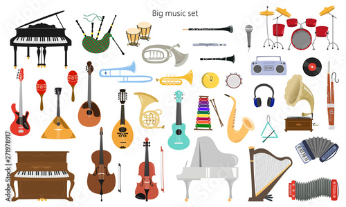 Set of musical instruments on the white background. photo