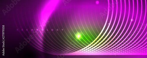 Shiny neon lines template - northern lights glowing blur lines. Futuristic style glow neon 80s disco club or night party techno template