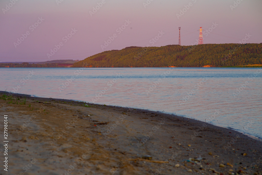 the Volga river and the forest on the banks near to Zvenigovo Mari-El at sunset