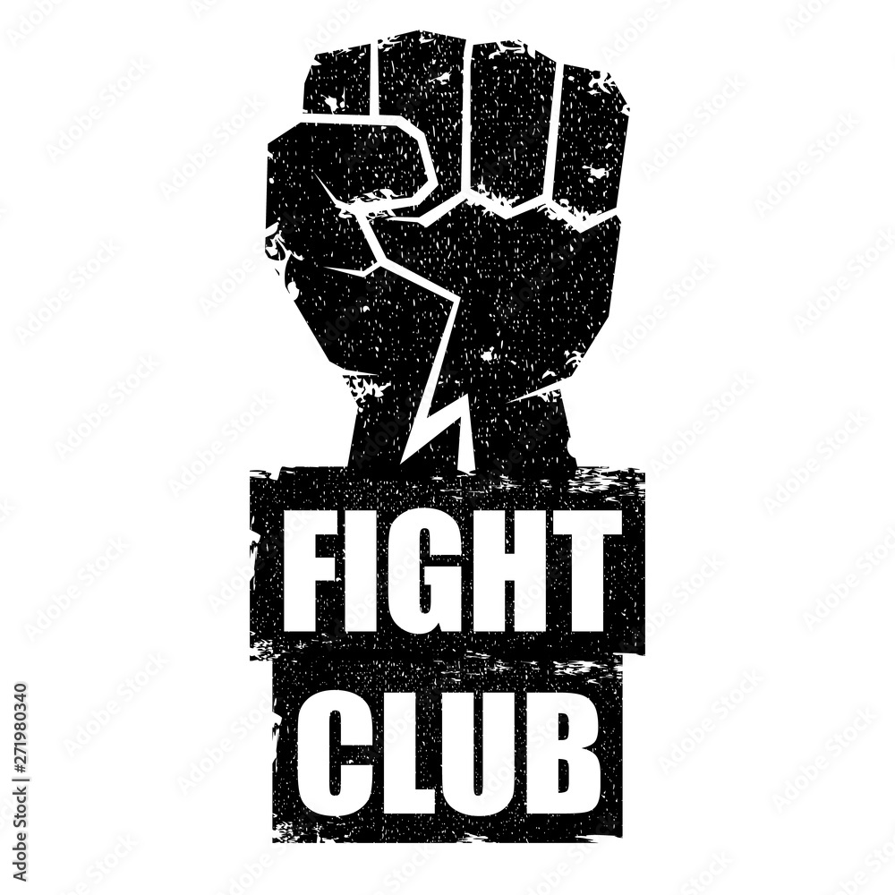 fight club vector logo or label with grunge black man fist isolated on