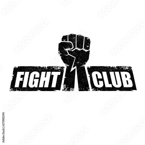 fight club vector logo or label with grunge black man fist isolated on white background. MMA Mixed martial arts concept design template. Fighting club label for print on tee