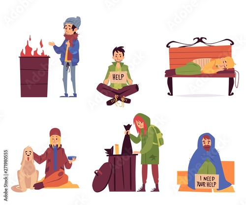 Set of homeless people in different help needy situations cartoon style