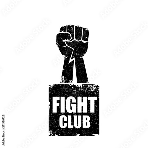 fight club vector logo or label with grunge black man fist isolated on white background. MMA Mixed martial arts concept design template. Fighting club label for print on tee
