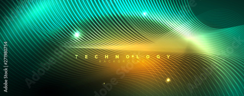 Shiny neon lines template - northern lights glowing blur lines. Futuristic style glow neon 80s disco club or night party techno template