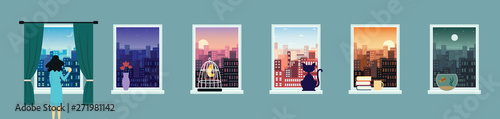 City landscape window view set at various times of the day flat vector illustration.
