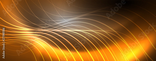 Shiny neon lights, dark abstract background with blurred magic neon light curved lines