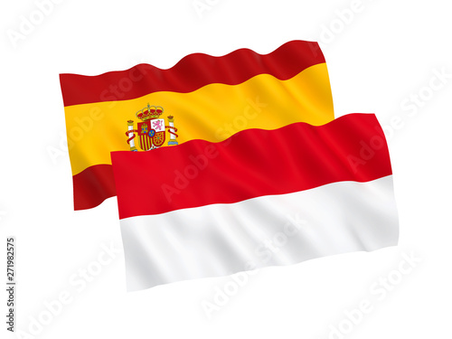 National fabric flags of Indonesia and Spain isolated on white background. 3d rendering illustration. Proportion 1 2
