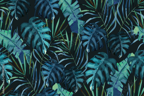 Jungle exotic seamless pattern, green tropical leaves, summer vector illustra...