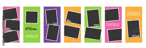 Set of realistic templates and photo frames for stories on social networks with hashtags and pins.