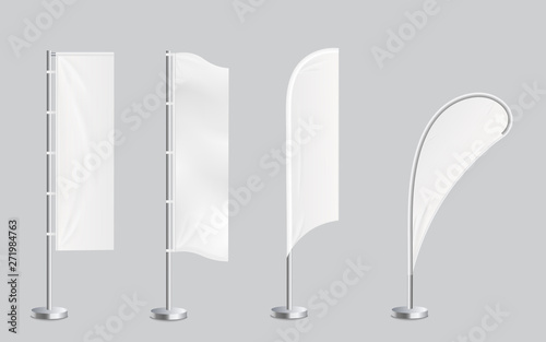 A set of four blank promotional feather flag stand banners mockup vector.