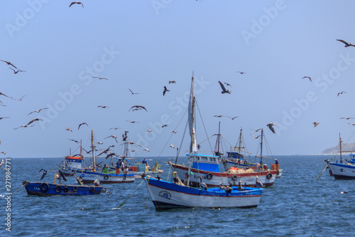 fisher boats in the harbor of mancora, peru