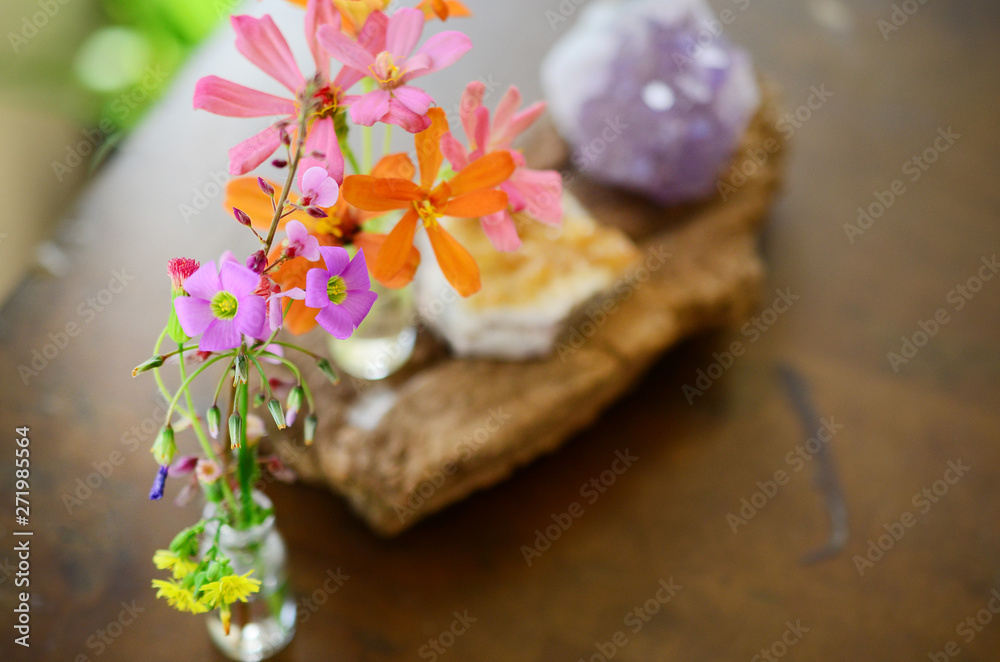 Amethyst and Citrine clusters on a wooden table, small vase of fresh flowers. Shot on macro lens in natural lighting. Bright colors, healing crystal clusters. Hippie natural healing and fresh herbs. Amethyst and Citrine clusters on a wooden table, small vase of fresh flowers. Shot on macro lens in natural lighting. Bright colors, healing crystal clusters. Hippie natural healing and fresh herbs.
