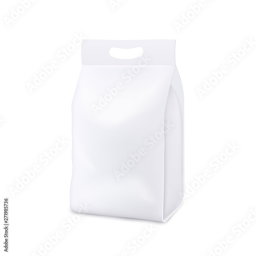 Blank white realistic 3d mockup and template of a plastic bag, pouch and package with handle.