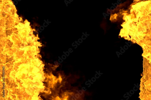 Fire 3D illustration of gothic burning fireplace frame isolated on black - top and bottom are empty, fire lines from sides left and right