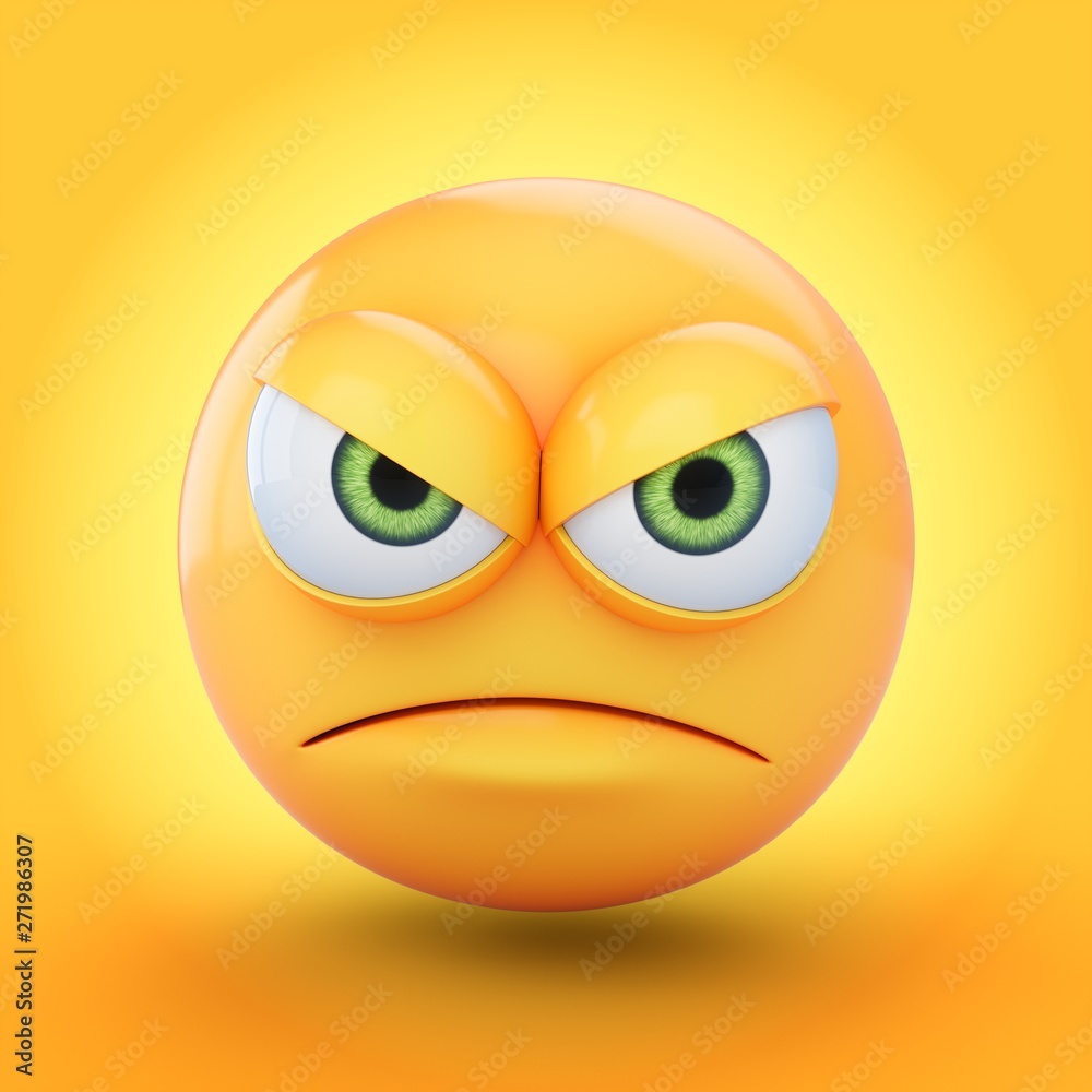 3D Rendering grumpy emoji isolated on yellow background