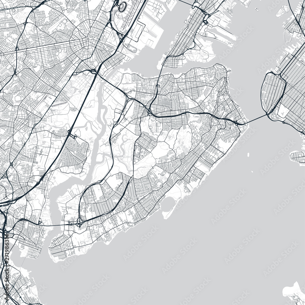 Naklejka premium Staten Island map. Light map of Staten Island borough (New York, United States). Highly detailed map of Staten Island with water objects, roads, railways, etc.