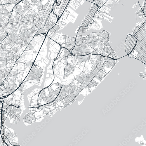 Staten Island map. Light map of Staten Island borough (New York, United States). Highly detailed map of Staten Island with water objects, roads, railways, etc. photo