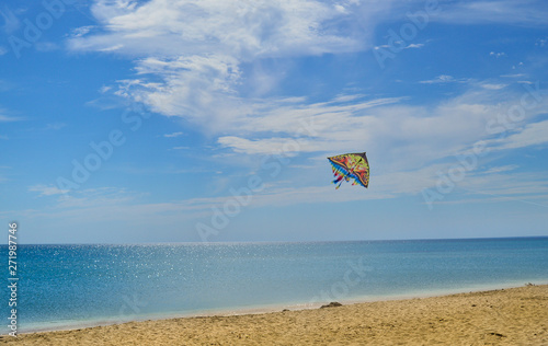 Blue sea and sandy beach on a sunny day and kite in the sky. The concept of rest, vacation, summer.