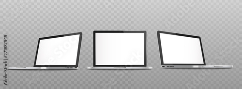 Mockup set of open laptop with blank screen in different views realistic style