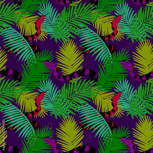 Snake and tropical leaves seamless pattern design