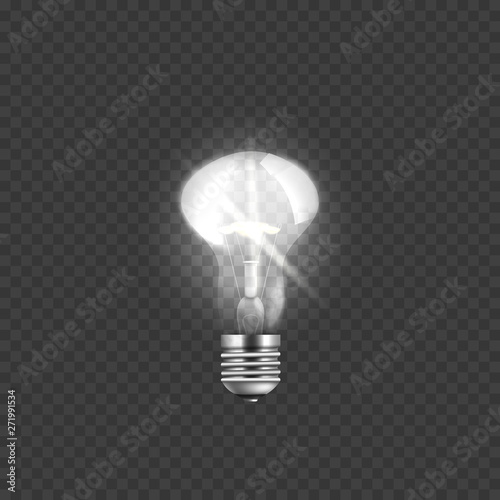 Realistic glowing light bulb and incandescent glass lamp, electricity and energy.
