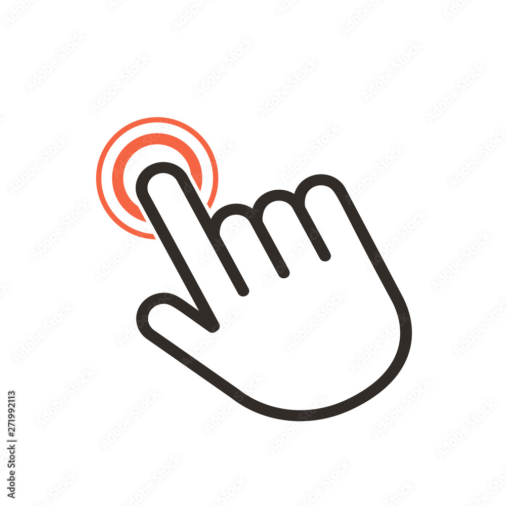Click here the button with the hand icon. Linear icon for web sites. flat vector illustration isolated Click here the button with the hand icon. Linear icon for web sites. flat vector illustration isolated
