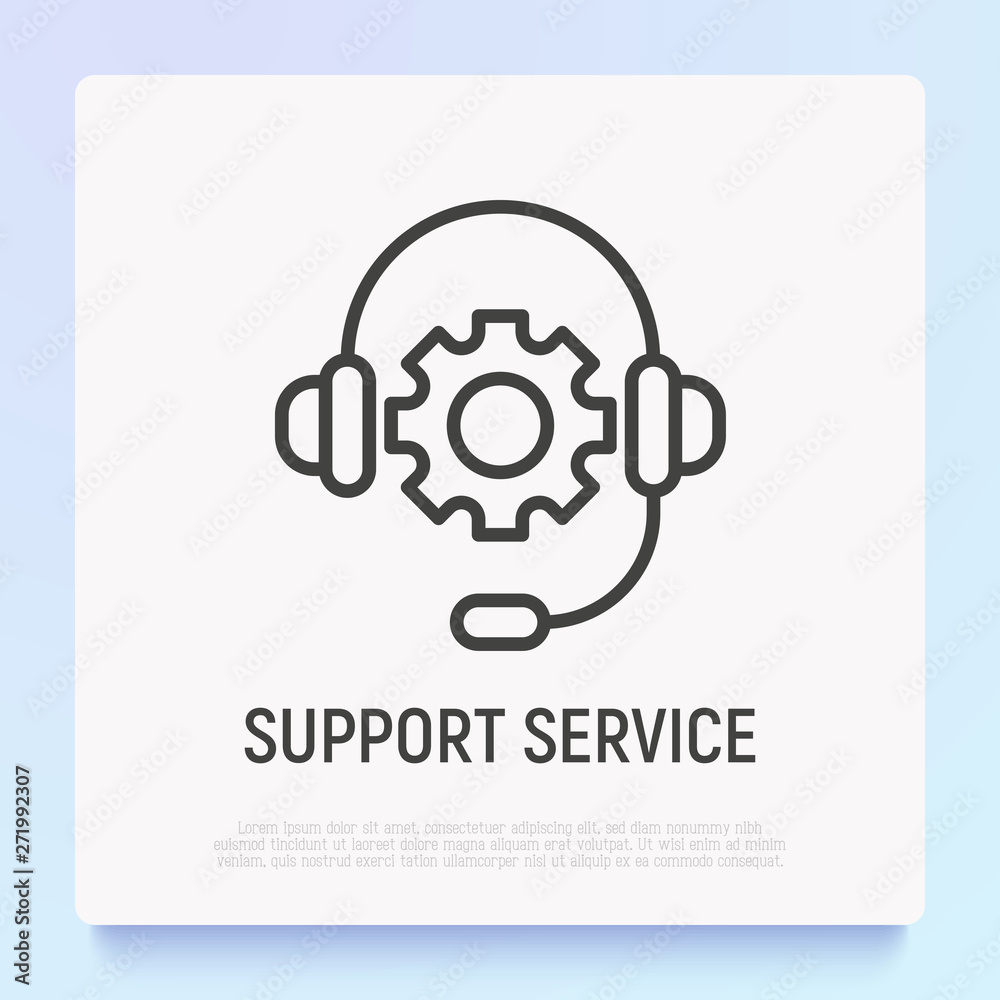 Support service: headset with wheel thin line icon. Call center, client assistance, operator. Modern vector illustration. Support service: headset with wheel thin line icon. Call center, client assistance, operator. Modern vector illustration.