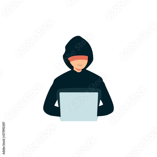 Hacker using a laptop icon, criminal man in a hoodie breaking into computer's security