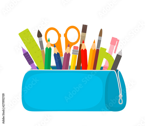 Fotografia Bright school pencil case with filling school stationery such as pens, pencils, scissors, ruler, tassels