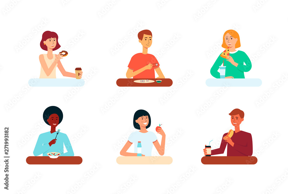 Set of single people sit at table eating various food flat cartoon style Set of single people sit at table eating various food flat cartoon style