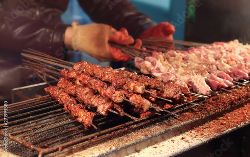 Delicious grilled bbq goat skewer street food at Muslim Quarter, street, Xi'an