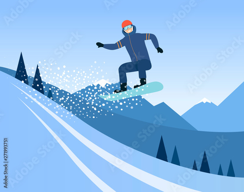 Cartoon man riding a snowboard, snowboarder doing a high jump mid air on a snow slope