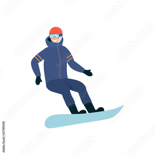 Man a snowboarder in a sportive suit flat vector illustration isolated on white.