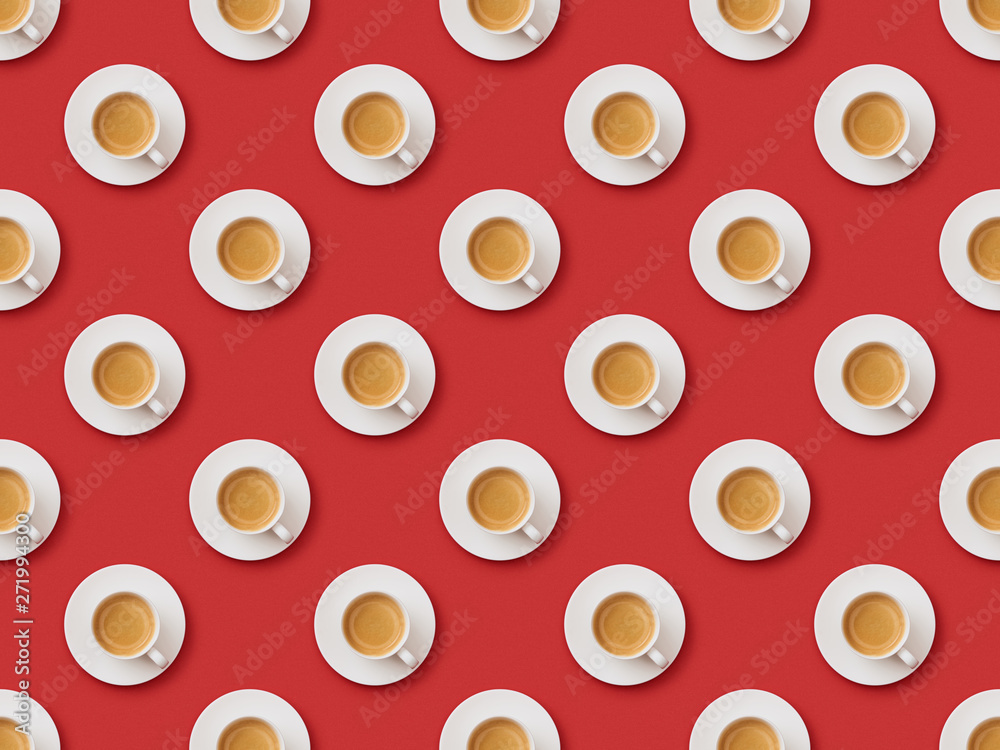 seamless pattern with fresh coffee in cups and saucers on red background seamless pattern with fresh coffee in cups and saucers on red background
