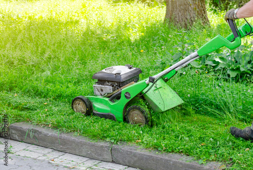 Lawn mowing petrol lawn mower in the park. Upgrading the territories. Landscape design, garden work