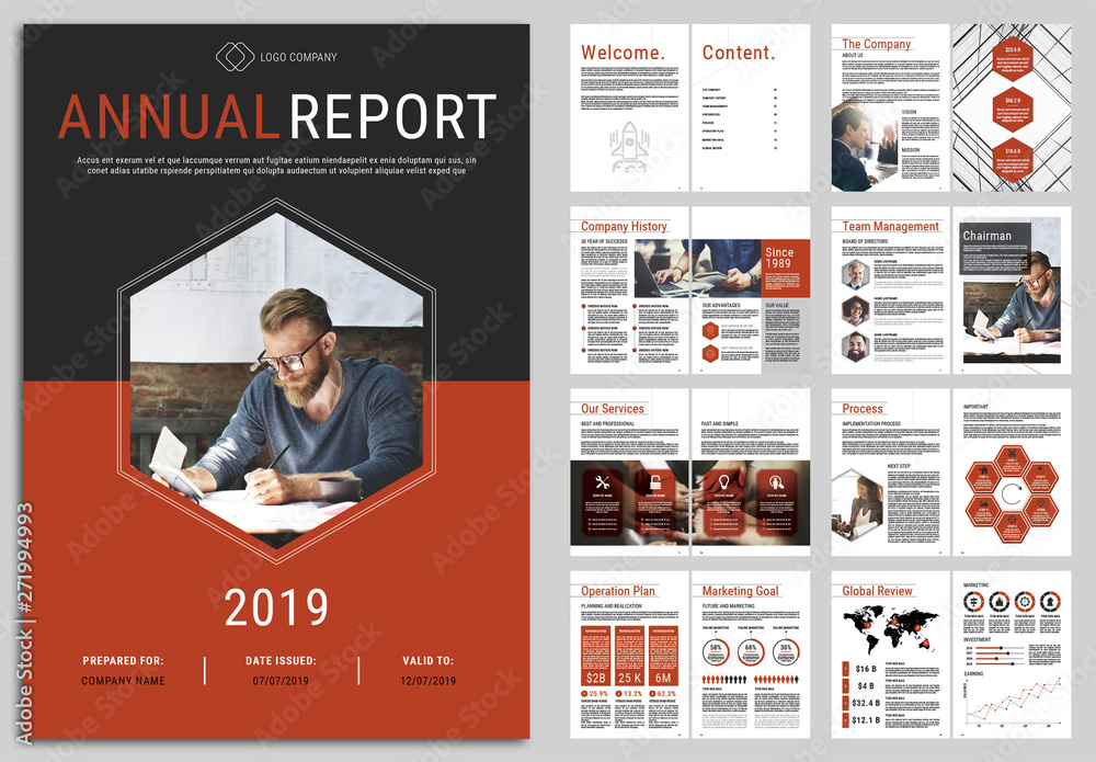 Annual Report Layout with Red Accents Stock Template | Adobe Stock