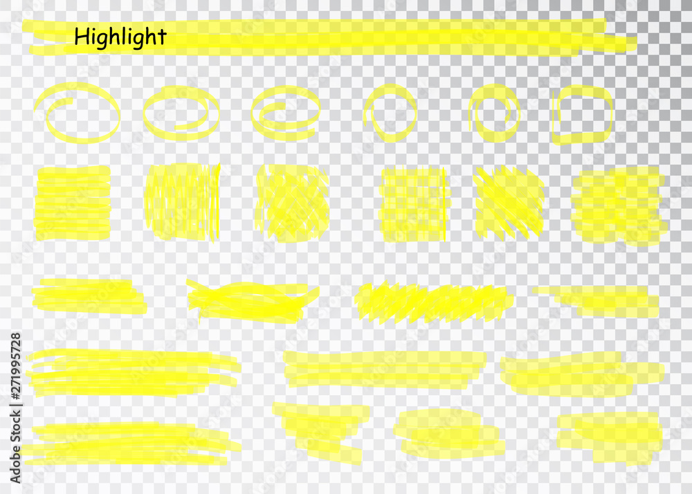 Fototapeta premium Yellow Highlighter Marker Strokes. Vector brush pen underline lines. Yellow watercolor hand drawn highlight set.